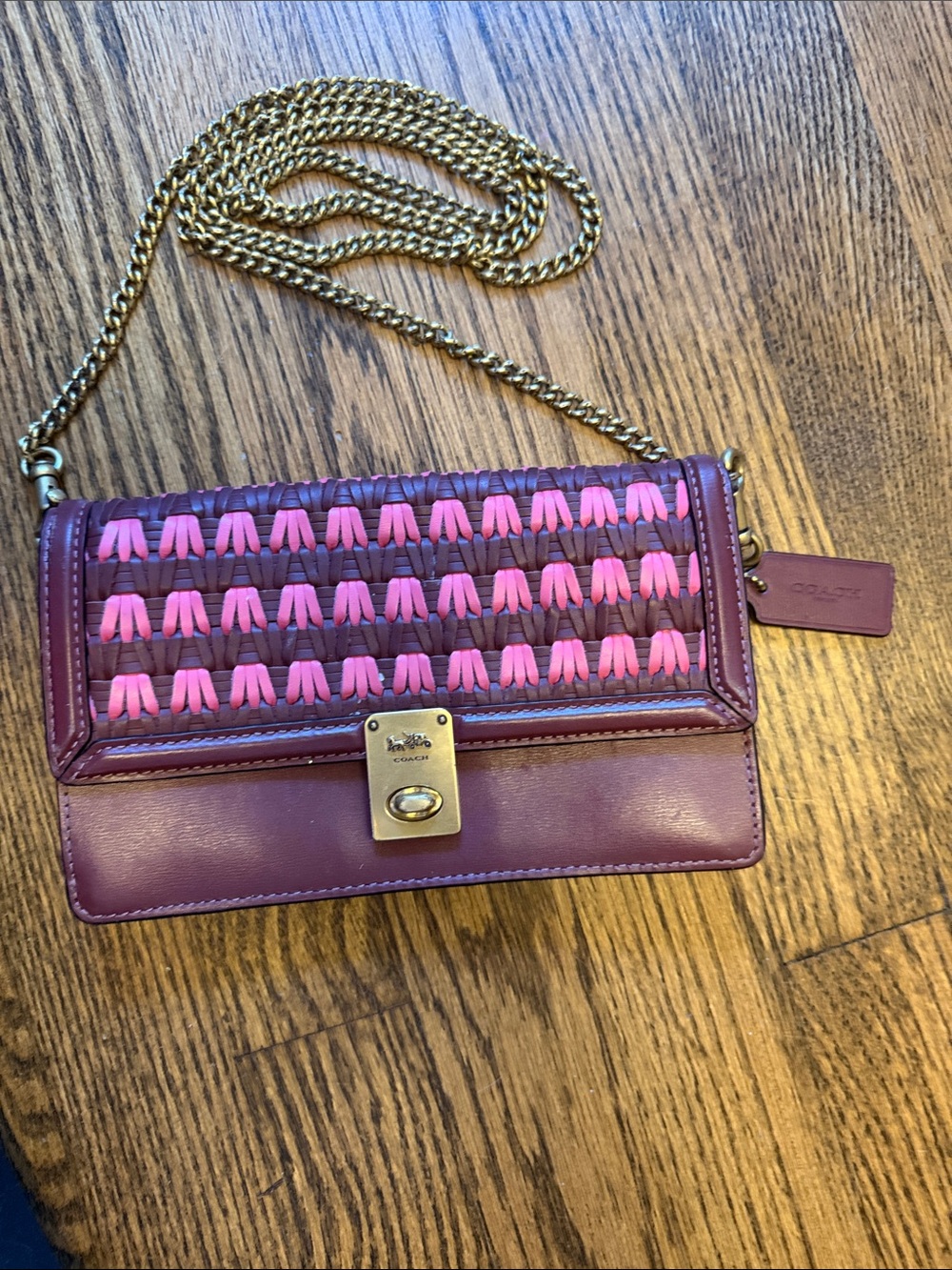 Coach Mulberry and Pink Leather Woven Crossbody with Gold Chain